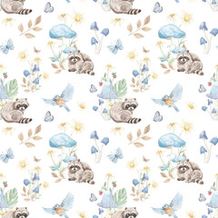Vintage Forest Animals, Watercolor Forest Seamless Pattern, Digital Paper, Fabric Nursery Print, Woodland, Squirre, Mushrooms, Butterfly. Autumn seamless pattern. Decor. Print for fabric. Autumn.