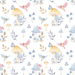 Vintage Forest Animals, Watercolor Forest Seamless Pattern, Digital Paper, Fabric Nursery Print, Woodland, Squirre, Mushrooms, Butterfly. Autumn seamless pattern. Decor. Print for fabric. Autumn.