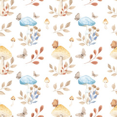 Vintage Forest Animals, Watercolor Forest Seamless Pattern, Digital Paper, Fabric Nursery Print, Woodland, Squirre, Mushrooms, Butterfly. Autumn seamless pattern. Decor. Print for fabric. Autumn.
