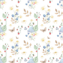 Vintage Forest Animals, Watercolor Forest Seamless Pattern, Digital Paper, Fabric Nursery Print, Woodland, Squirre, Mushrooms, Butterfly. Autumn seamless pattern. Decor. Print for fabric. Autumn.