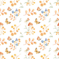 Vintage Forest Animals, Watercolor Forest Seamless Pattern, Digital Paper, Fabric Nursery Print, Woodland, Squirre, Mushrooms, Butterfly. Autumn seamless pattern. Decor. Print for fabric. Autumn.