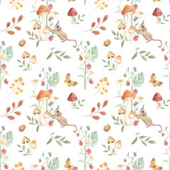 Obraz premium Vintage Forest Animals, Watercolor Forest Seamless Pattern, Digital Paper, Fabric Nursery Print, Woodland, Squirre, Mushrooms, Butterfly. Autumn seamless pattern. Decor. Print for fabric. Autumn.