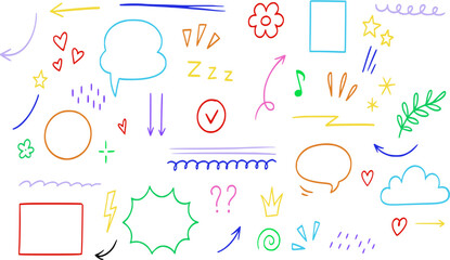 hand drawn doodle elements, scribbles, speech bubbles, arrows, motion, directions, cloud, swirls, circle, stars, hearts, flower, leaf, rectangle, music, crown, question mark, doodles, marker, pen, ink