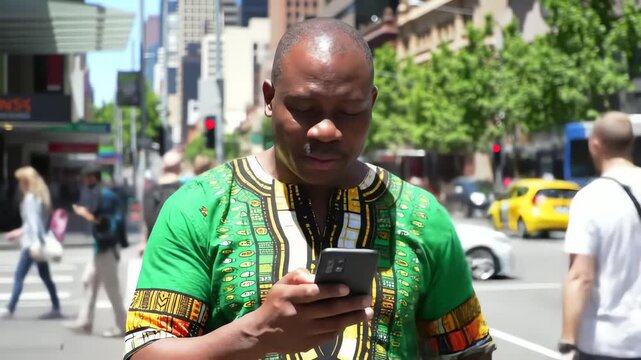 Happy African man in traditional dashiki clothing using a smartphone on a bustling city street on a sunny day