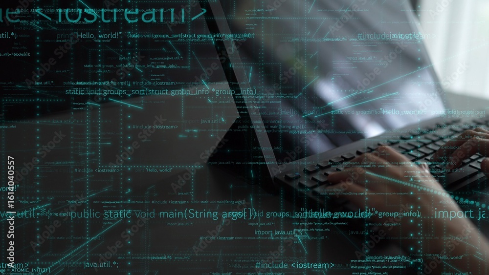 Poster a close-up image showing hands typing on a laptop keyboard with computer code graphics in the backgr
