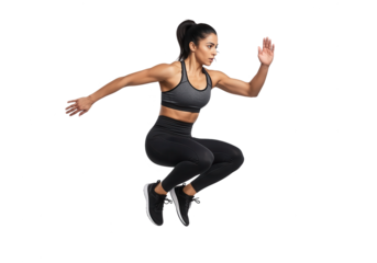 Athletic Woman Jumping: Dynamic Fitness and Exercise on White