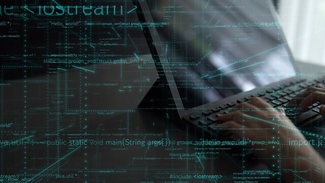 A close-up image showing hands typing on a laptop keyboard with computer code graphics in the background, symbolizing programming, technology, and innovation in a modern workspace. Xenic