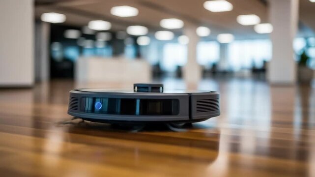 Autonomous robot vacuum navigating modern office space with precision and efficiency