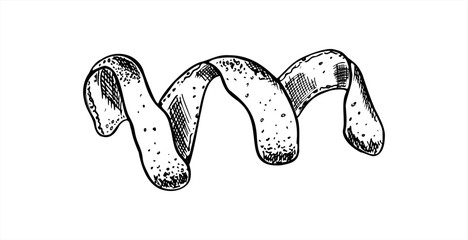 Whole spiral lemon peel vector illustration. Citrus skin in twist shape line art painted by black inks. monochrome fruit ingredient for beverage packaging, bar menus, healthy food, cookbook design