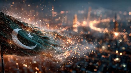 Fireworks and glowing lights behind waving Pakistan flag, festive celebration