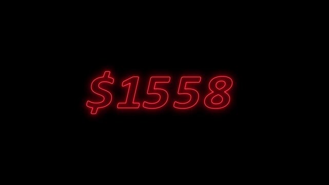 Animated money counter increasing dollar amounts from 0 to 6000 with neon glowing text on transparent background. Perfect for finance, gaming,
