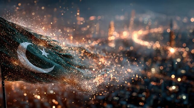 Fireworks and glowing lights behind waving Pakistan flag, festive celebration