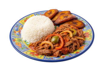 Traditional Cuban Ropa Vieja with Rice and Plantains on White