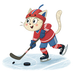 A fun cartoon illustration of a boy playing ice hockey with his dog in the snow