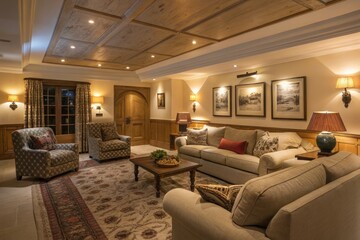 Cozy Living Room in a Mountain Retreat With Warm Lighting and Rustic Decor