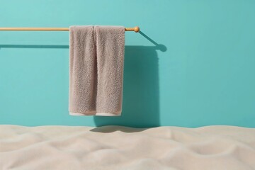 A serene summer concept featuring a clean towel on a hanging rack over beach sand against a vibrant turquoise wall.