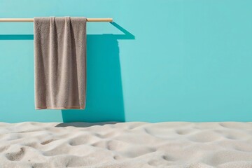 A clean beige towel hangs on a wooden rack over white sand, set against a vibrant turquoise wall in bright summer sunlight.
