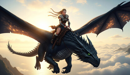 Boy Riding a Flying Dragon at Sunset – Epic Fantasy Adventure Scene