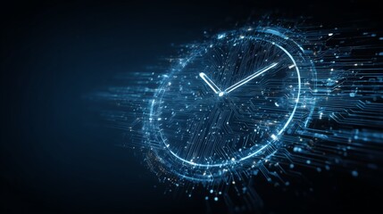 Abstract digital clock with a circuit board on a dark blue background, the concept of time and technology. This design element is used for a banner or web poster.