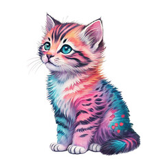 Adorable domestic kitten with white fur sitting on a white background, looking at the camera with funny eyes