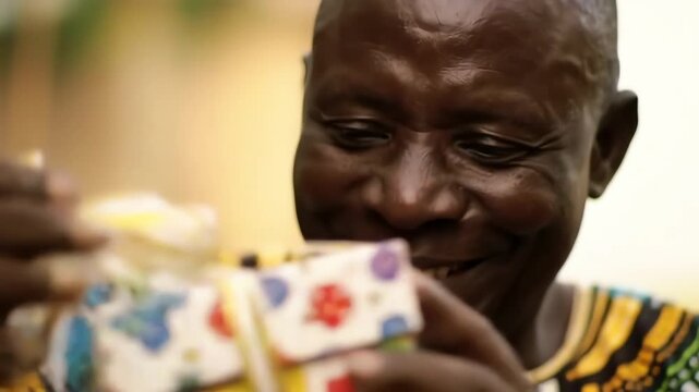 Portrait of a smiling senior African man in colorful traditional attire joyfully unwrapping a surprise gift