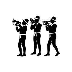Naklejka premium Three musicians playing wind instruments in silhouette against white background 
