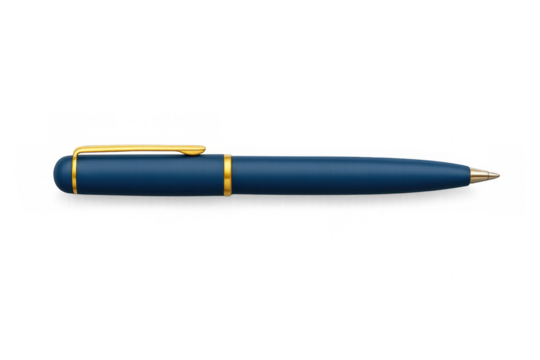Blue ballpoint pen featuring golden accents, resting against transparent backdrop, highlighting professional writing instrument
