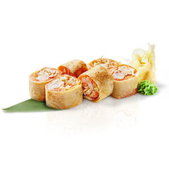 Delicious sushi rolls with salmon, crab meat, and vegetables resting on a bamboo leaf