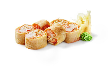 Delicious sushi rolls with omelette, salmon, crab meat, and cream cheese on white background