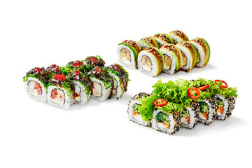 Variety of delicious sushi rolls displayed on white background