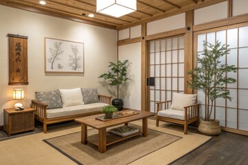 Fototapeta premium Cozy Japanese Living Room With Natural Elements and Traditional Decor