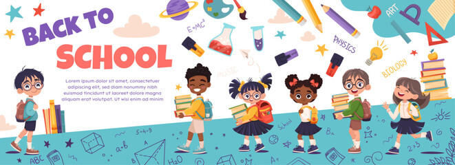 Abstract Education background vector of cartoon children silhouettes playing with a rainbow, symbolizing childhood joy and friendship