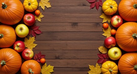 Autumn harvest pumpkins apples and leaves on wooden background fall