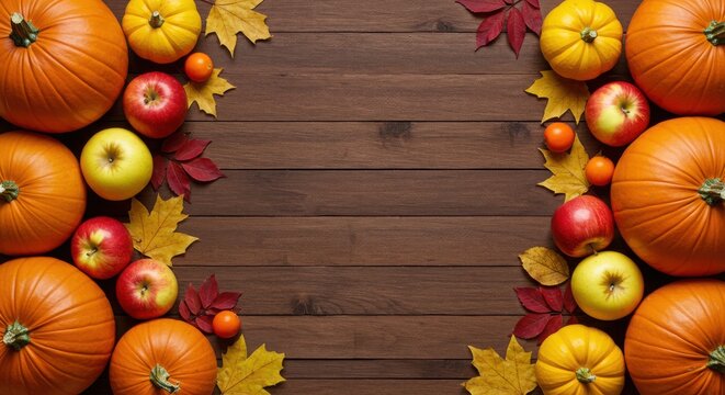 Autumn harvest pumpkins apples and leaves on wooden background fall - Powered by Adobe