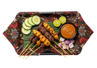Assorted Satay Skewers with Peanut Sauce and Condiments on Tray
