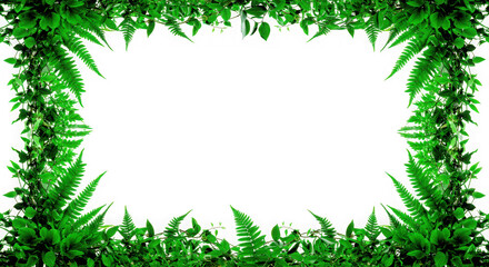Lush green fern foliage forms a decorative border around a central dark space isolated on transparent background
