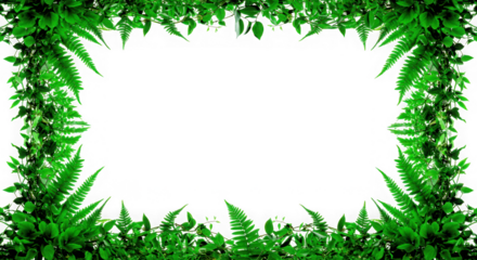 Lush green fern foliage forms a decorative border around a central dark space isolated on transparent background