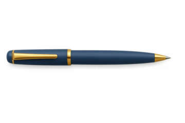 Classic blue and gold pen lying horizontally, isolated on a transparent background, ready for writing or signing