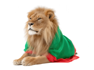 Lion in Green and Red Fabric Lying Down Isolated on White Background, Regal Animal Portrait, Wildlife Theme, Humor Concept