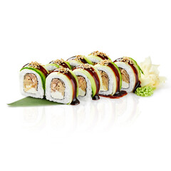 Cucumber maki sushi rolls with tuna and cream cheese topped with unagi sauce and sesame seeds