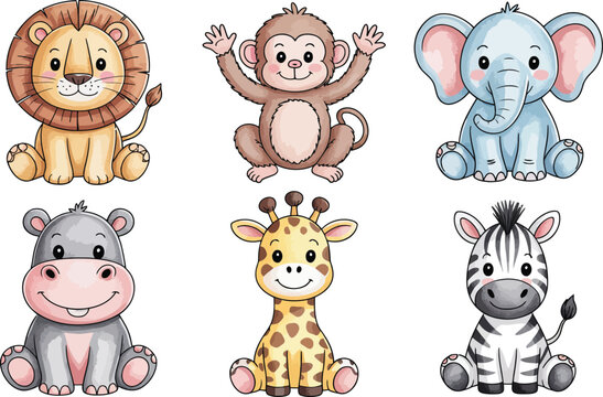 Cute cartoon safari animals collection. Baby lion, monkey, elephant, hippo, giraffe, and zebra.