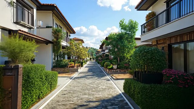 Residential street with modern houses and landscaping