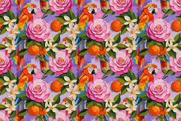 Naklejka premium Seamless Pattern Featuring Scarlet Macaws with Rainbow Feathers Surrounded by Pink Camellia Flowers, White Citrus Blossoms, and Oranges on a Bold Painted Purple Background