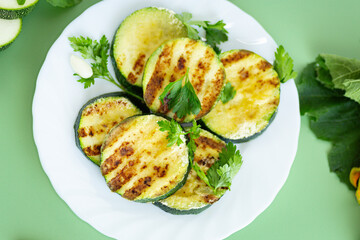 Close-up of fried zucchini on a green background