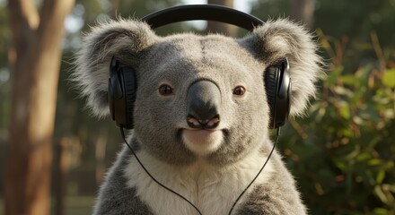 Koala enjoying music in nature with headphones on his head, a blend of wildlife and technology