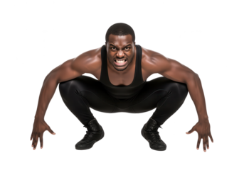 Aggressive African American Man Crouching on White