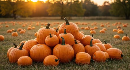 Field of orange pumpkins at sunset with trees in background autumn fall