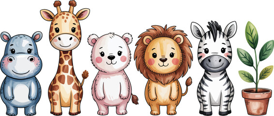 Cute collection of cartoon safari animals like a hippo, giraffe, lion, and zebra illustration. © Shahriar
