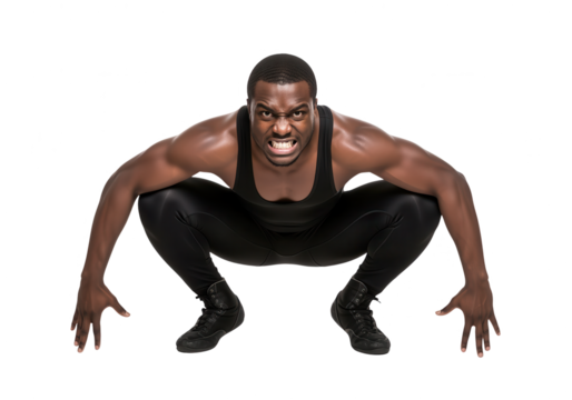 Aggressive African American Man Crouching on White