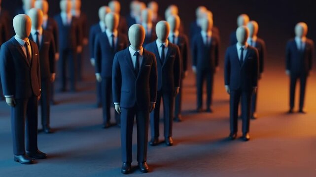 A lone businessman stands out from a crowd of identical figures in suits, symbolizing leadership